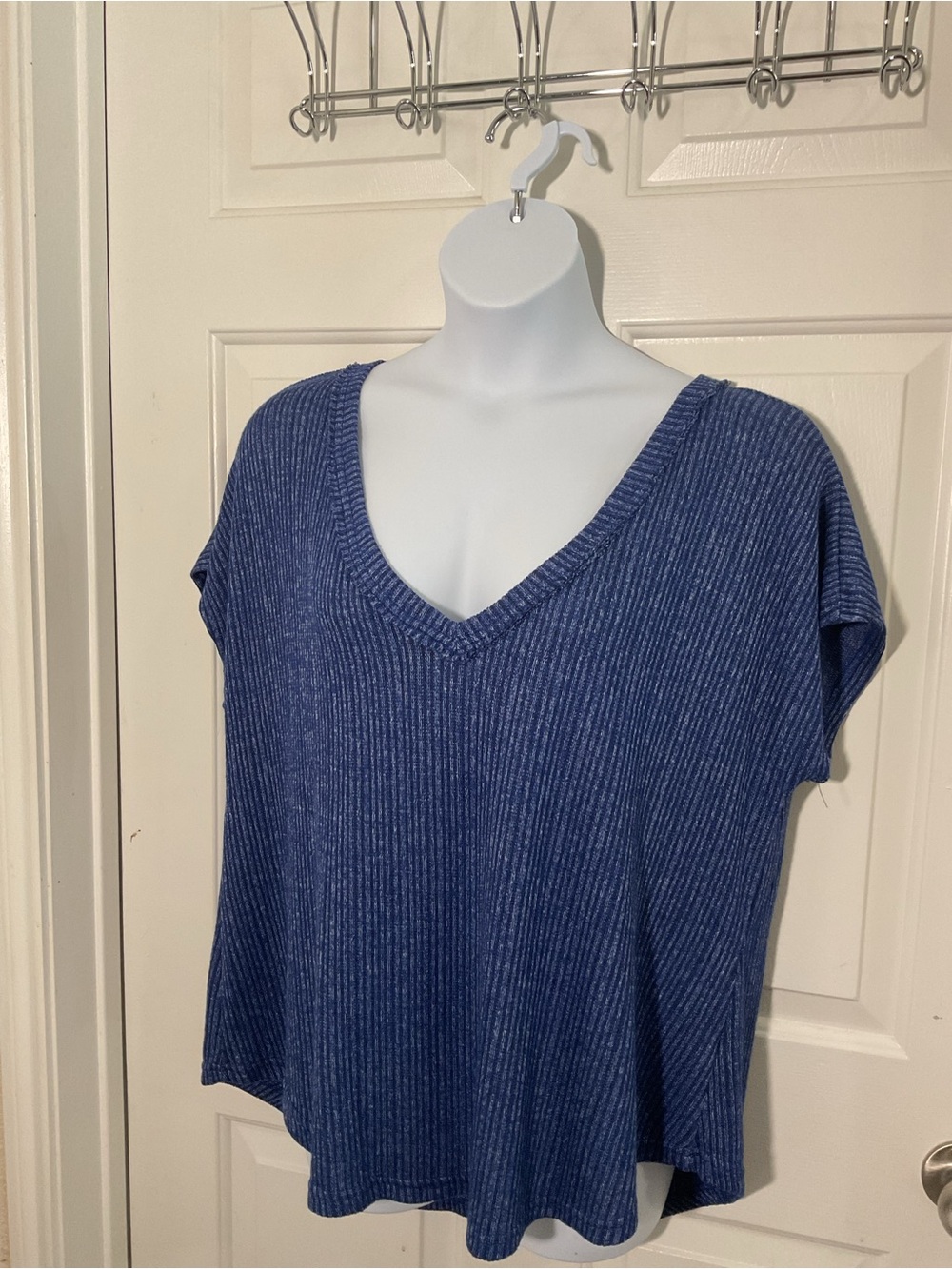 Perch by Blu Pepper 2X Blue Ribbed V Neck Knit Top Oversized - Picture 3 of 6